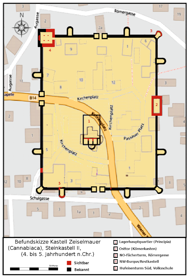 Ein detaillierter Stadtplan von Heidelberg, Deutschland, der den Standort von Kastell Zeiselmauer in der Mitte hervorhebt, mit Straßen, Gebäuden, Sehenswürdigkeiten und Textbeschriftungen.