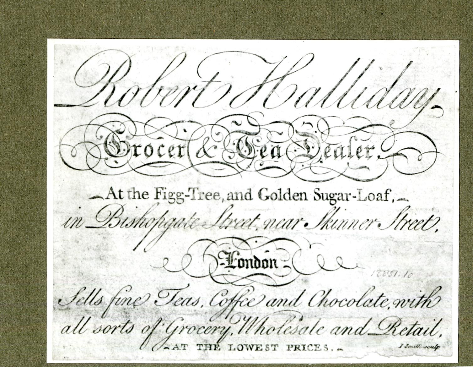 Papierbeleg mit der Aufschrift "Robert Halliday Grocer & Tea Dealer" obenauf.
