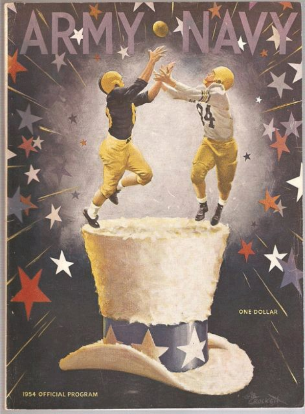 Ein Plakat mit zwei Personen in gelben Uniformen und Helmen in der Luft mit einem Football, vor einem sternenklaren Hintergrund, mit der Aufschrift "1954 Army Navy Football Program" oben.