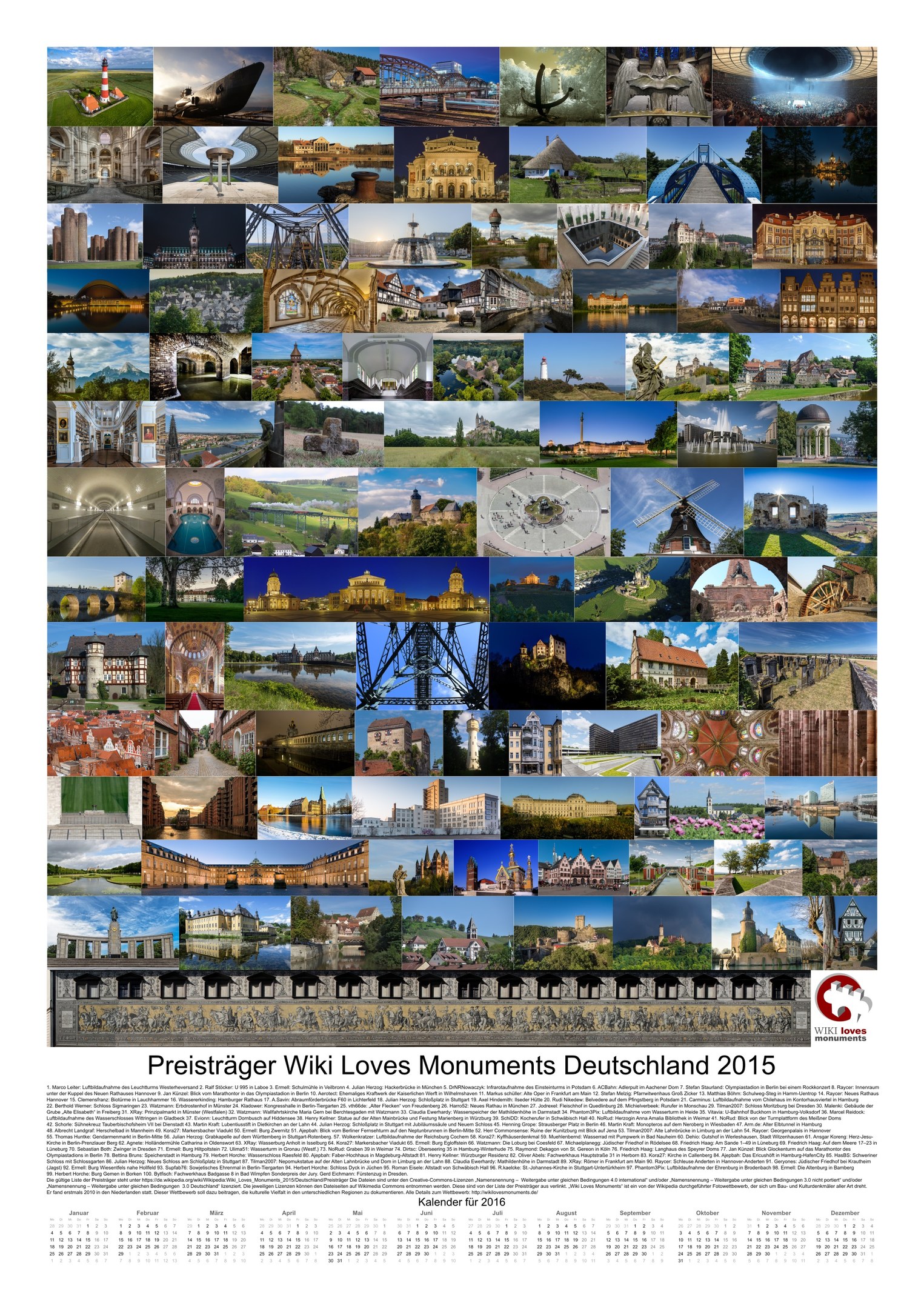 Kalender mit dem Titel "Preisträger Wiki Loves Monuments Deutschland 2015" mit einer Collage deutscher Denkmäler aus 2015.