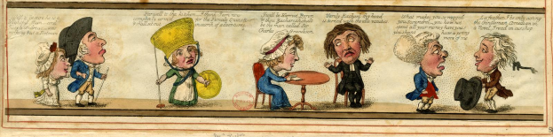 Eine Karikatur einer Gruppe von Menschen an einem Tisch, einer hält ein Objekt, mit Text 'Friedrich von Bismarcks Karikatur des Tages' auf dem Papier vor ihnen, in Diskussion