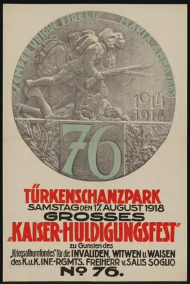 Ein gerahmtes Poster zum 70. Jubiläum des Kaiser-Huldigungsfestes in Berlin, Deutschland, das eine Gruppe von Menschen in der Mitte zeigt, umgeben von Text und Zahlen.