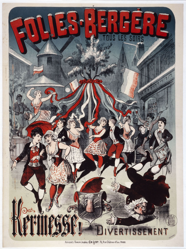 Plakat für das Folies-Bergère-Festival in Paris mit tanzenden Menschen im Vordergrund, Gebäuden, Flaggen und einem Baum im Hintergrund sowie französischem Text oben und unten.