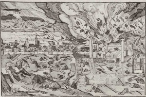 Eine Schwarzweiß-Radierung, die eine chaotische Stadtkulisse mit Zerstörung, Menschen, Gebäuden und Rauch zeigt und unten mit 'Die Schlacht von Waterloo' betitelt ist.