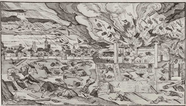 Eine Schwarzweiß-Radierung, die eine chaotische Stadtkulisse mit Zerstörung, Menschen, Gebäuden und Rauch zeigt und unten mit 'Die Schlacht von Waterloo' betitelt ist.