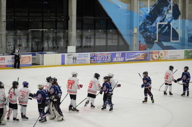 Gruppe junger Menschen beim Eishockey auf einer Indoor-Eisfläche, mit Helmen und Eishockeyschlägern, mit einer Person auf der linken Seite und Bannern, Säulen und Glaswänden im Hintergrund.