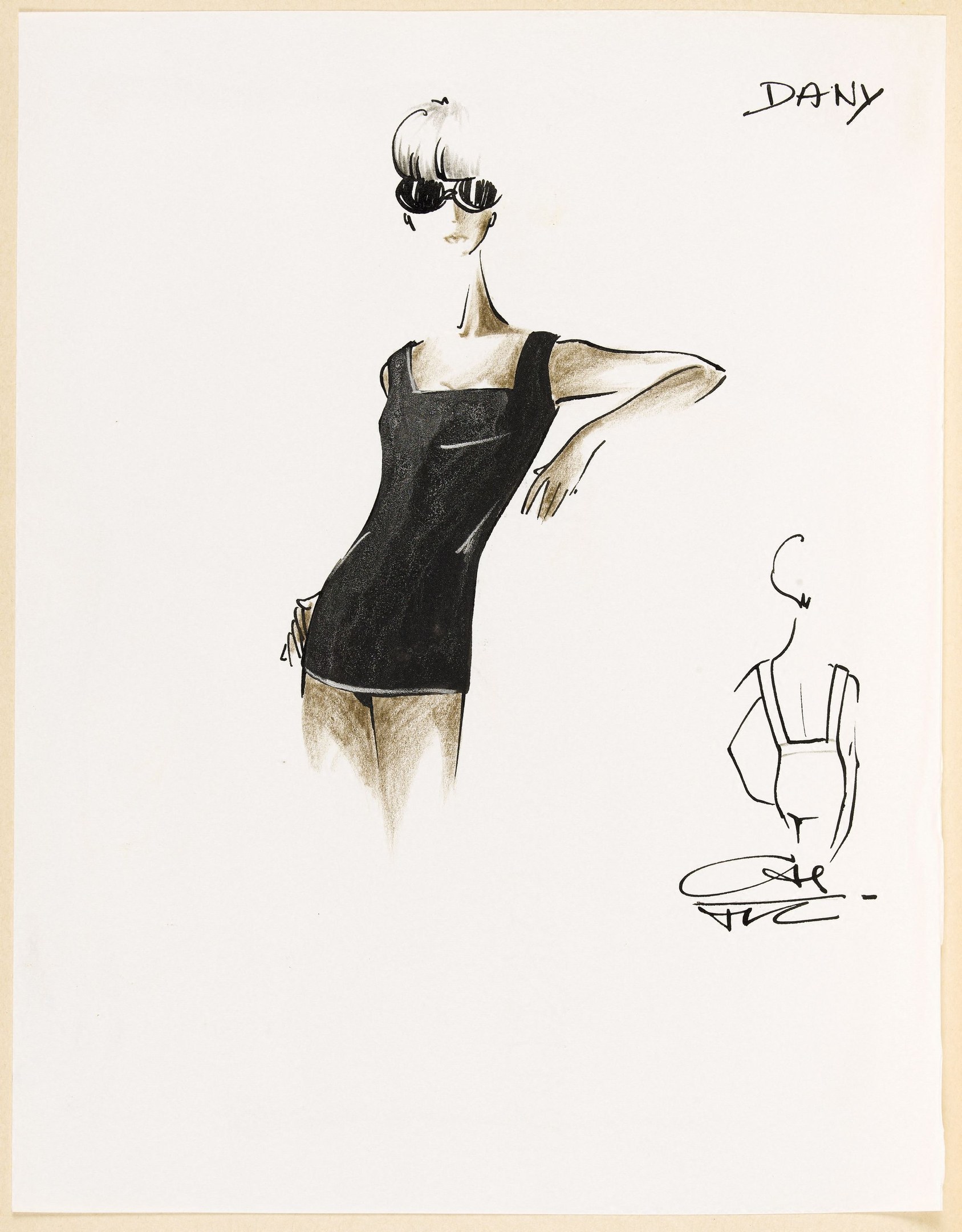 Eine Skizze einer Frau in einem hochgeschlossenen, langärmeligen schwarzen Kleid mit Aviator-Sonnenbrille, die selbstbewusst mit geschlossenen Augen und leicht geöffneten Lippen steht.