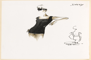 Eine Skizze einer Frau in einem hochgeschlossenen, langärmeligen schwarzen Kleid mit Aviator-Sonnenbrille, die selbstbewusst mit geschlossenen Augen und leicht geöffneten Lippen steht.