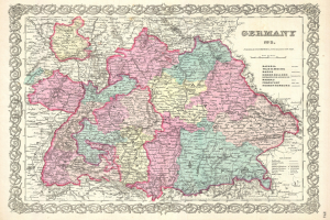 Alte gedruckte Deutschlandkarte, die die Provinzen Bayern, Baden-Württemberg und Baden mit regionalen Textdetails hervorhebt.