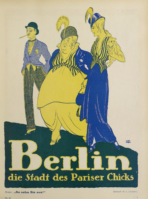 Ein Plakat bewirbt ein Konzert in Berlin, Deutschland, mit einer Gruppe farbiger Menschen vor einem Gebäude mit der Aufschrift 'Berlin - Die Stadt des Pariser Chicks' oben.