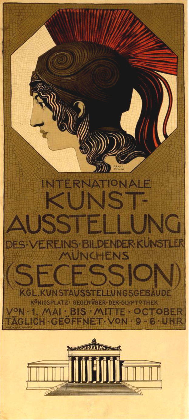 Plakat für die Internationale Kunstausstellung in München, Deutschland, mit einer Frau mit menschlichem Gesicht in der Mitte und Text mit Informationen zum Event.