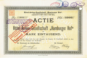 Altes Aktienzertifikat mit einem roten Stempel, der 'Hotel Actie Gesellschaft Hamburger Hof' lautet, und dekorativem Text und Stempeln.