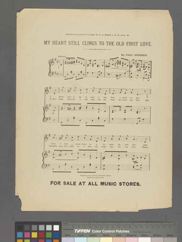 Ein Blatt mit dem Text "Mein Herz hängt immer noch an der alten ersten Liebe" und Musiksymbolen, mit Farboptionen unten.