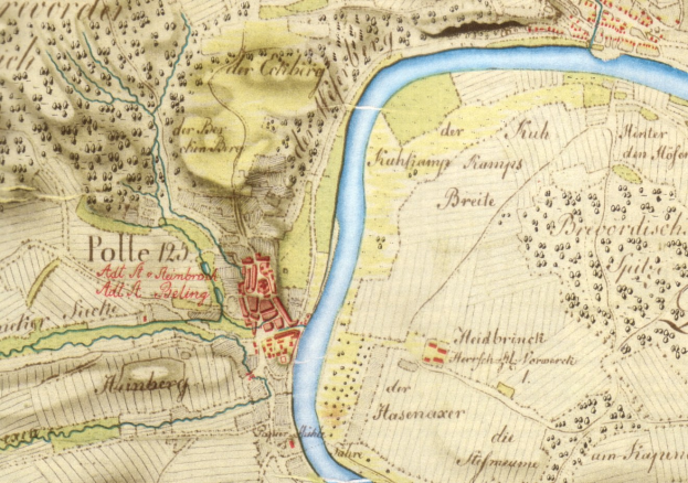 Detailreiches altes Stadtplan von Polle, Deutschland, mit einem Fluss, Straßen und Gebäuden.