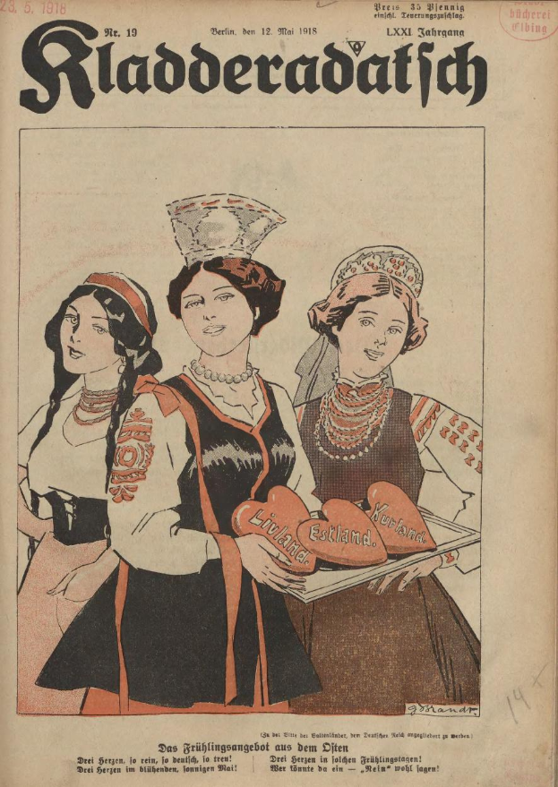 Ein altes Buchcover mit drei Frauen in traditioneller bayrischer Tracht, wobei eine ein Teller mit einem herzförmigen Objekt hält, betitelt mit "Riaderadatich, September 1918".