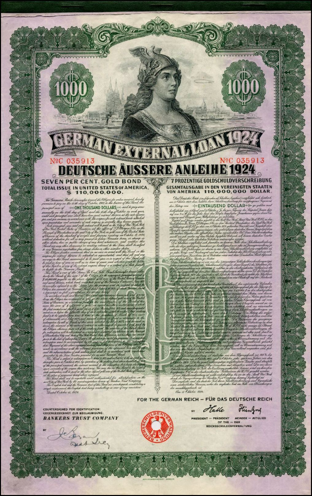 Deutsches Auslandsdarlehen-Zertifikat von 1924 mit einem Porträt einer Frau, mit gedrucktem Text und numerischen Denominationen.