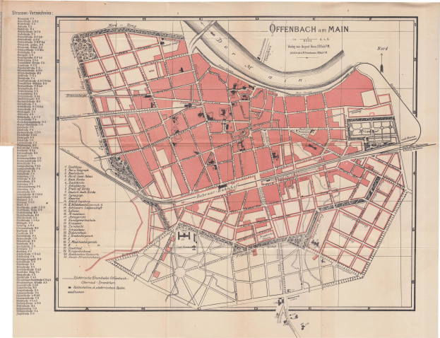 Ein detailliertes altes Stadtplan von Offenbach, Deutschland, auf einem weißen Hintergrund, der Straßen, Gebäude, Sehenswürdigkeiten und Text mit Informationen über die Stadt zeigt.