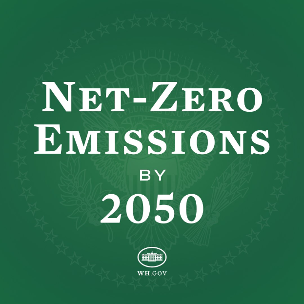 Grüner Hintergrund mit fetter weißer Schrift, die "netto-null-Emissionen bis 2050" lautet