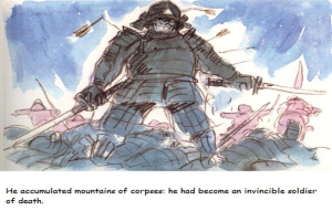 Ein Soldat steht in der Mitte des Bildes mit einem Berg von Kursen hinter ihm, der seine Unbesiegbarkeit symbolisiert.