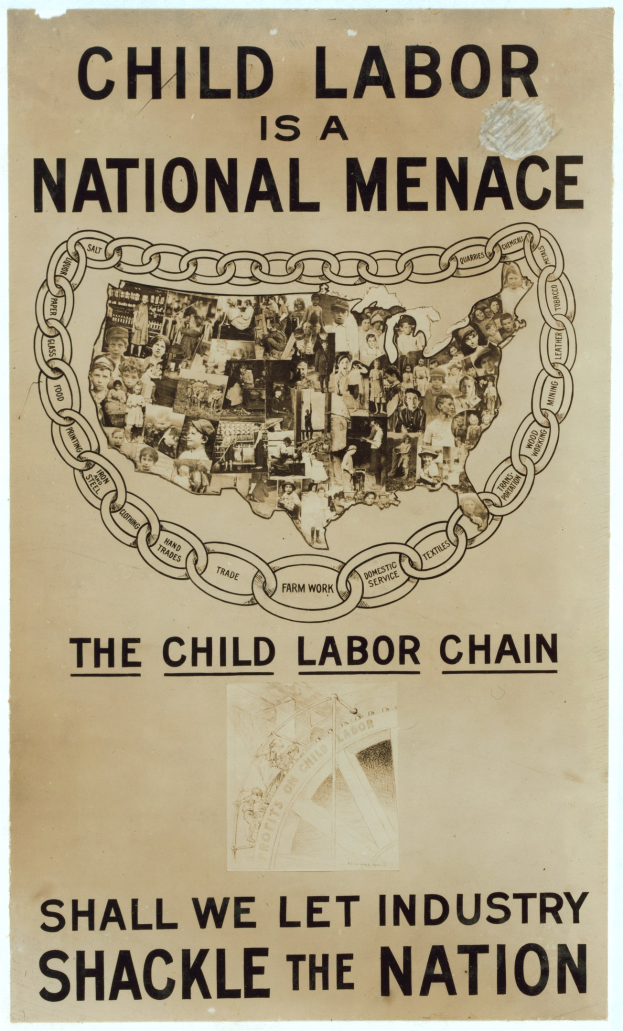 Plakat mit der Aufschrift 'Kinderaert ist eine nationale Bedrohung - Sollen wir die Industrie das Land fesseln lassen?' in fetter schwarzer Schrift auf einem weißen Hintergrund, das eine vielfältige Gruppe von Menschen zeigt, die gemeinsam stehen.