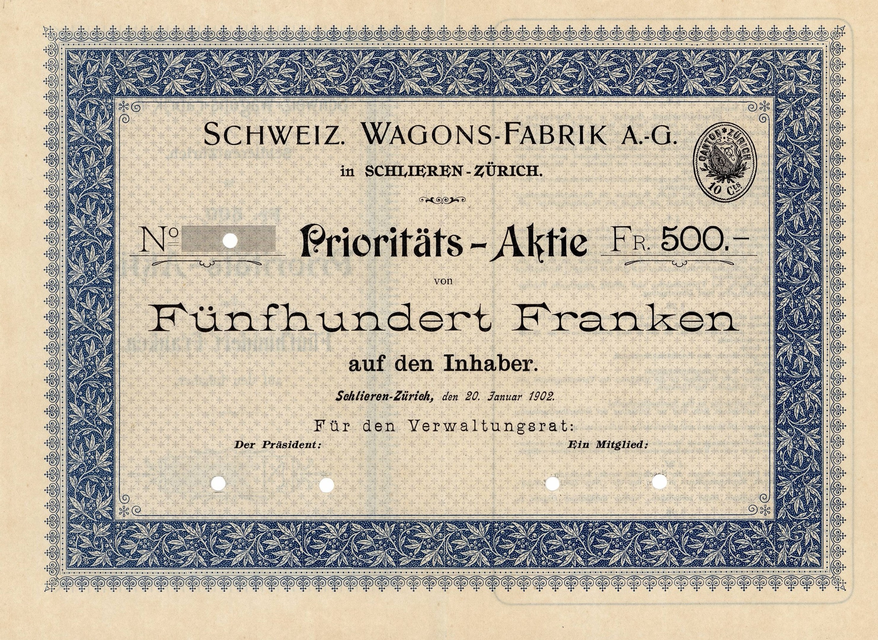 Deutsches Aktienzertifikat für "Schweiz Wagons-Fabrik A.G." mit blauem Rand und gedrucktem Text.