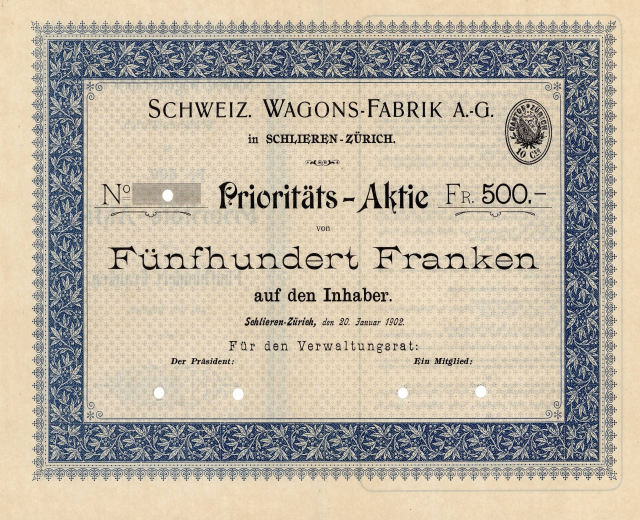 Deutsches Aktienzertifikat für "Schweiz Wagons-Fabrik A.G." mit blauem Rand und gedrucktem Text.