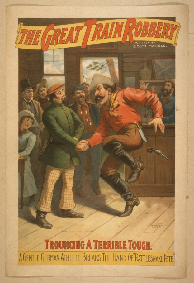 Plakat mit einer Gruppe von Menschen, einer Person mit einer Waffe, einem Fenster und einer Wand im Hintergrund und dem Text "Die große Zugüberfall - Trouching a Terrible Tough" oben und unten.