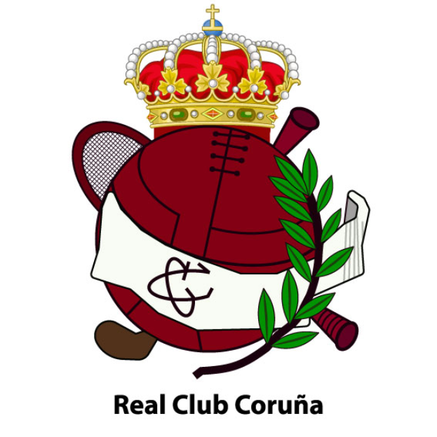 Ein Logo mit einer Krone, Blättern und einem Tennisschläger mit dem Text "Real Club Coruna" unten.