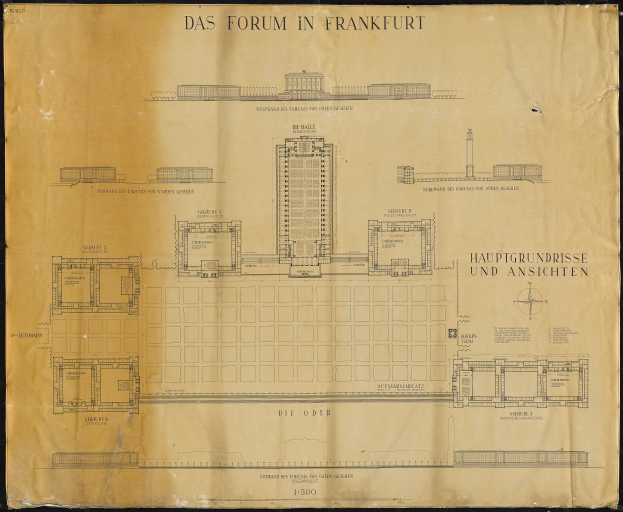 Eine Zeitung mit einer Zeichnung eines Gebäudes, das als Forum in Frankfurt identifiziert wird, vor einem schwarzen Hintergrund.