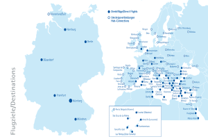 A map of Germany displaying major cities, capitals, and flight routes from Frankfurt to Munich.