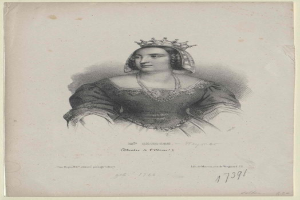 Porträt der Queen Elizabeth I. von England in prunkvoller Kleidung mit einer Krone, begleitet von Text unten.