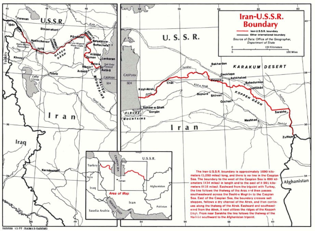Detailierte Landkartenposter der iranisch-sowjetischen Grenze mit geographischen Merkmalen und Landesgrenzen mit erklärendem Text.