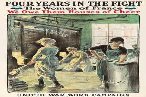 Plakat mit vier Frauen, die in einer Reihe stehen und entschlossene Gesichter haben, betitelt mit "Wir schulden ihnen Häuser der Freude"