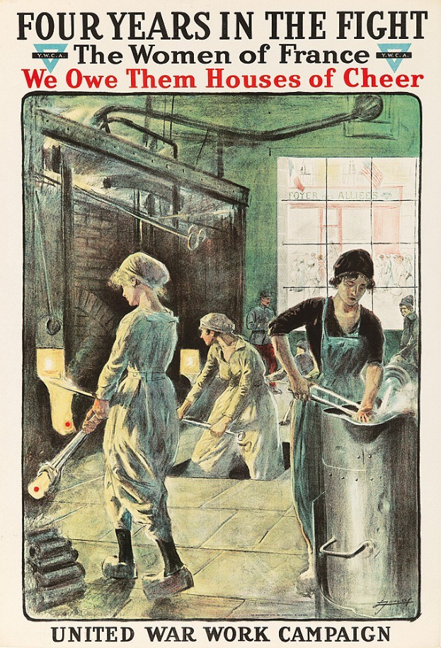 Plakat mit vier Frauen, die in einer Reihe stehen und entschlossene Gesichter haben, betitelt mit "Wir schulden ihnen Häuser der Freude"