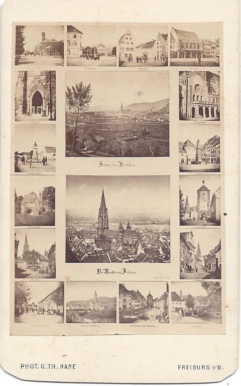 Schwarzes und weißes Foto von Freiburg, Deutschland, mit Gebäuden, Bäumen und Menschen und dem Text "Freiburg, Deutschland" unten.