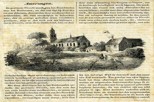 Ein altes Buch mit einer Zeichnung eines Dorfes mit Häusern, Bäumen und Menschen, begleitet von beschreibendem Text.
