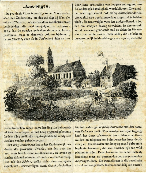 Ein altes Buch mit einer Zeichnung eines Dorfes mit Häusern, Bäumen und Menschen, begleitet von beschreibendem Text.