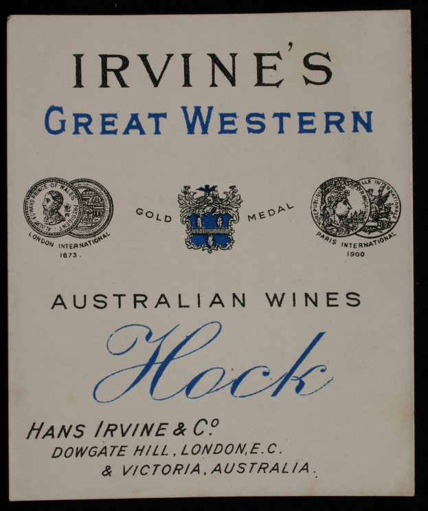 Plakat, das Irvines großartige westaustralische Weine bewirbt und das Logo und den Text des Unternehmens zeigt.