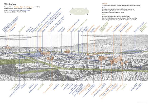 Ein detaillierter Stadtplan von Wiesbaden, Deutschland, mit verschiedenen Blautönen, Grüntönen und Gelbtönen, die verschiedene Gebiete darstellen, begleitet von Text, der die Geschichte, Bevölkerung, Sehenswürdigkeiten und interessante Punkte der Stadt beschreibt.