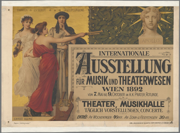 Ein Plakat für die Internationale Ausstellung für Musik und Theaterwesen in Wien, Österreich, das eine Gruppe von Menschen zeigt, die in einem Kreis stehen, wobei eine Frau in der Mitte ein Musikinstrument hält, und Text, der Informationen zum Event enthält.