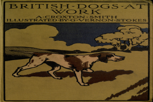 Ein Buchumschlag mit einem mittelgroßen Hund mit weißem und braunem Fell, schwarzer Nase und weißem Schnauzen, mit dem Titel "Britische Hunde bei der Arbeit" darunter, vor einem hellblauen Himmel mit weißen Wolken.