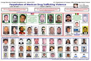 Plakat mit dem Titel "Verbrecher der mexikanischen Drogenhandel Gewalt" mit Fotos von Personen und fetter schwarzer Schrift auf hellblauem Hintergrund.