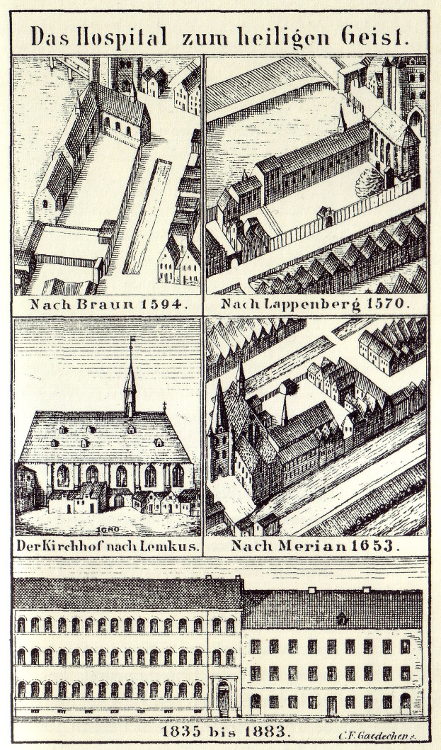 Eine detaillierte Plakatillustration eines deutschen Krankenhauskomplexes mit mehreren Gebäuden, Fenstern, Türen und Balkonen, begleitet von Text, der seine Größe, Lage und Merkmale beschreibt.
