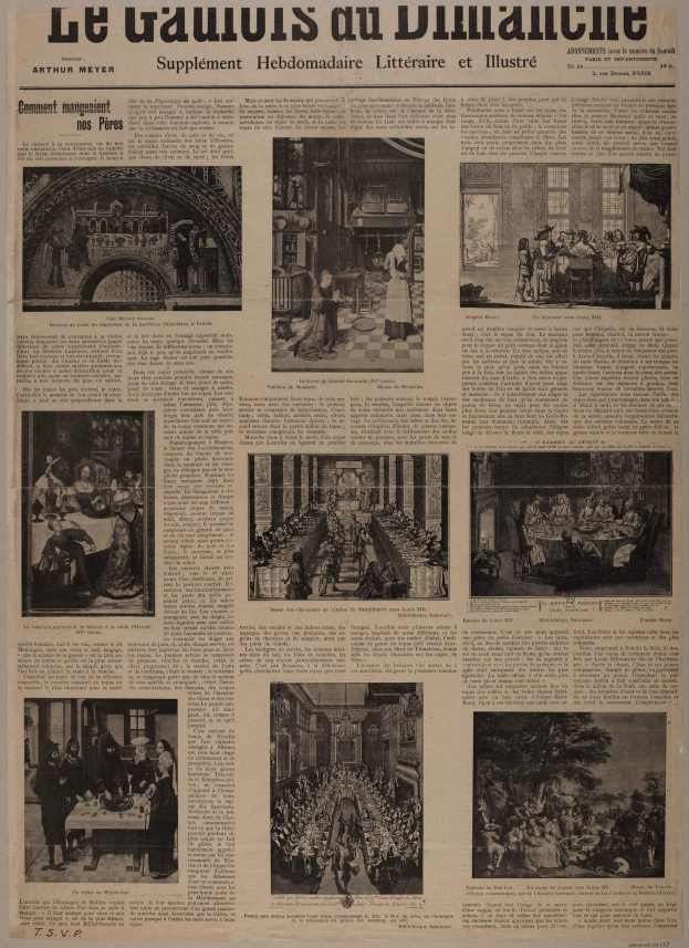 Alte Zeitung geöffnet auf einer Seite mit Text und verschiedenen Bildern.