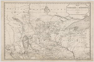 Eine detaillierte Karte von Minnesota auf Papier, die geografische Merkmale wie Flüsse, Berge und Städte zeigt, mit zusätzlichem Text, der Informationen über die Grenzen und Städte des Territoriums bereitstellt.