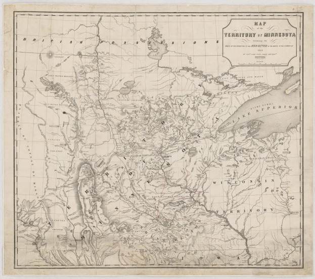 Eine detaillierte Karte von Minnesota auf Papier, die geografische Merkmale wie Flüsse, Berge und Städte zeigt, mit zusätzlichem Text, der Informationen über die Grenzen und Städte des Territoriums bereitstellt.