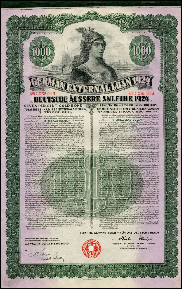 Eine 1924 deutsche Auslandsanleihe-Banknote mit einer Frau und Text und Zahlen, die ihren Nennwert angeben.