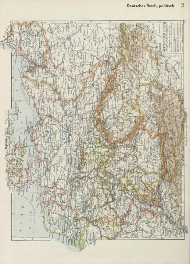 Eine 19. Jahrhundert-Karte von Deutschland, die die politischen Teilungen zeigt, gedruckt auf Papier mit Text oben und unten.