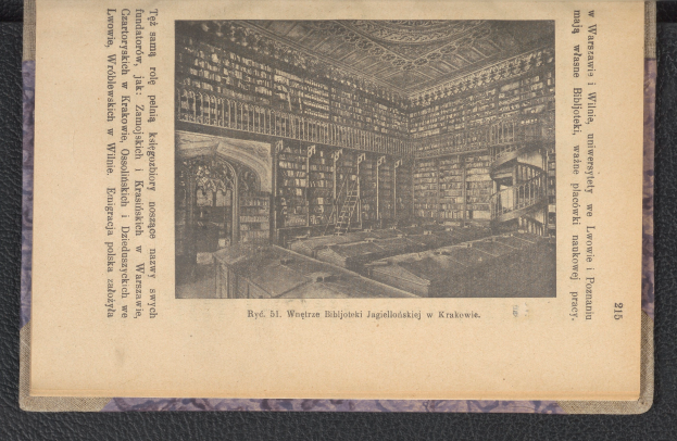 Ein altes Buch mit einem Coverbild einer gut bestückten Bibliothek mit Bücherregalen, begleitet von etwas Text.