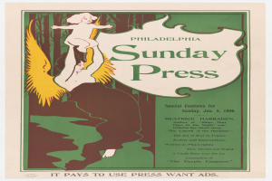 Ein Plakat für die Philadelphia Sunday Press, das eine Person mit einem menschlichen Gesicht in der Mitte und Text zeigt, der Informationen über die Pressestimme enthält.